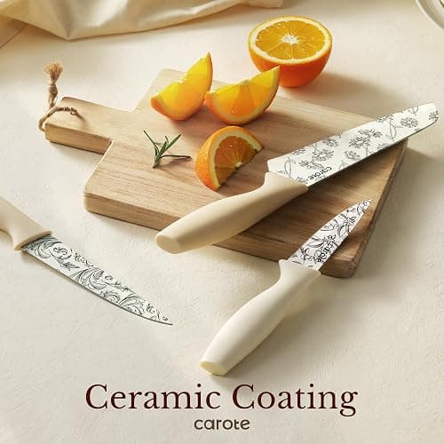 CAROTE 12PCS Knife Set, Kitchen Knife Set with 6 Blade Guards, Stainless Steel Knives Set With Nonstick Ceramic Coating, Rustproof, Delicate Floral Designs, White thumbnail 5