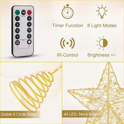 Verdenu Christmas Tree Topper, 40 Light Tree Topper Star, Christmas Tree Topper Lighted, Prolong Wire Gold Star Tree Topper with Remote Control for Christmas Decorations, Holiday, Vacation, New Year - Gold thumbnail 2