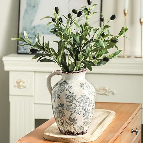 Enra Vintage vase with Handle,Blue and White Ceramic Decorative Flower vase, Chinoiserie Floral Vase,Large Rustic Vases for Home Decors, Living Room, Bookshelf, Office，9.7 inch thumbnail 4
