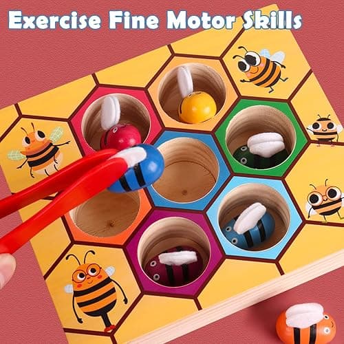 YUNCHY Toddler Fine Motor Skill Toy, Bee to Hive Matching Game, Montessori Wooden Color Sorting Matching Toy, Preschool Educational Learning Toys Gift for Toddler 3 Years Old thumbnail 4