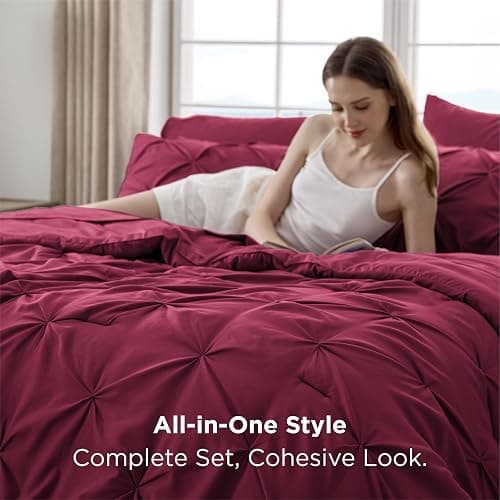 Bedsure Queen Comforter Set Dark Red - Bed in a Bag Queen Size Bedding 7 Pieces, GentleSoft™ Pintuck Bed Set Gift for Family, Pinch Pleat All Season Comforter with Sheets, Pillowcases & Shams thumbnail 2