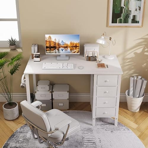 Lufeiya Small White Desk with Drawers for Bedroom, 40 Inch Kids Girls Study Desks, Reversible Computer Writing Nail Table with Fabric Drawer for Small Spaces Home Office Manicure thumbnail 2