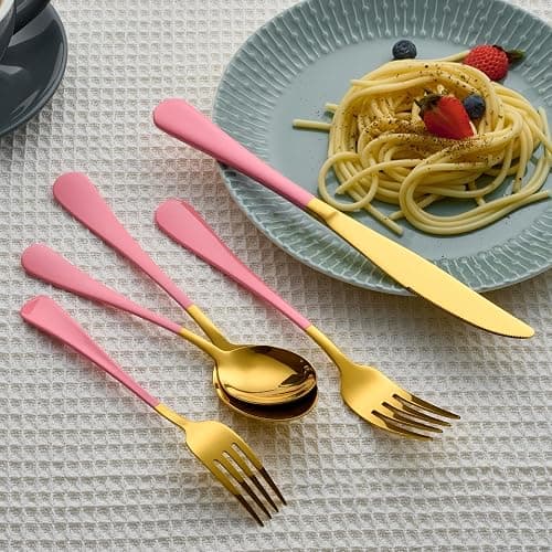Lekoton 20 Piece Gold and Pink 18/0 Flatware Utensil Set for 4, Include Dinner Knife,Dinner Forks,Dinner Spoons,Salad Forks,Teaspoons,Silverware Set for 4, Dishwasher Safe thumbnail 2