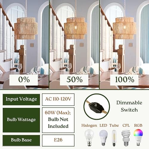Chi An Home 11.8" Boho Jute Plug in Pendant Light, Handwoven Natural Hanging Lamp Plug in with Dimmable Light Switch, Wicker Hanging Light Fixture for Bedroom Living Room Kitchen (No Bulb Included) thumbnail 5