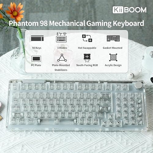KiiBoom Phantom 98 Hot Swappable Crystal Gasket-Mounted Mechanical Keyboard, Triple Mode NKRO Gaming Keyboard with South-Facing RGB, Clear Keycaps, 8000mAh Battery for Win/Mac (Clear) thumbnail 2