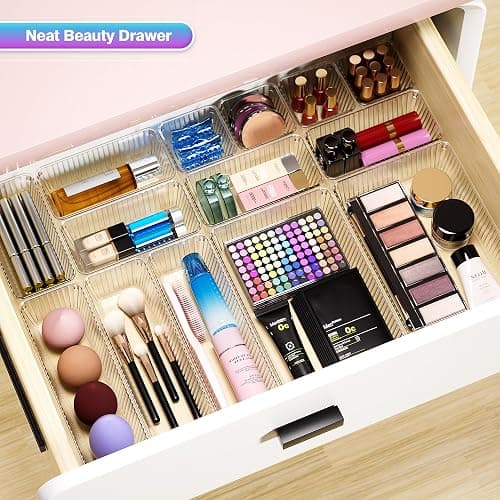47 PCS Clear Plastic Drawer Organizer Set - 4 Sizes Makeup Organizer Desk Drawer Divider Bathroom Organizers and Storage Bins for Makeup, Jewelry, Gadgets, Office, Kitchen, Bedroom, Bathroom thumbnail 5