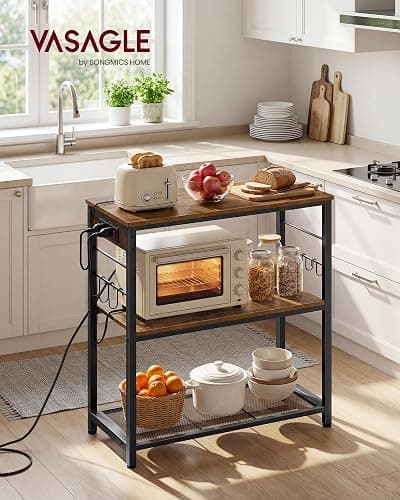 VASAGLE Kitchen Island with Power Strip, Microwave Oven Stand, Kitchen Shelf, Baker's Rack with 3 Open Shelves, 6 Hooks, Metal Frame, 15.7 x 31.5 x 35.4 Inches, Rustic Brown and Black UKKI102KD02S thumbnail 2