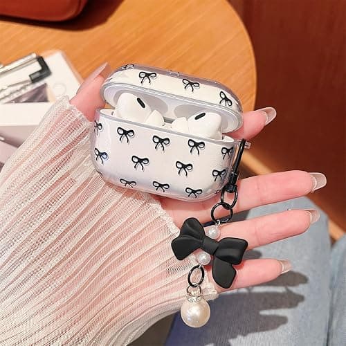 MINSCOSE Compatible with AirPods Pro 2 Clear Case,Cute Bow Pattern Pretty Ribbon Aesthetic Design with Bow Pearl Keychain,Soft TPU Protective Shockproof Case for Women Girl for AirPods Pro 2-Black thumbnail 5
