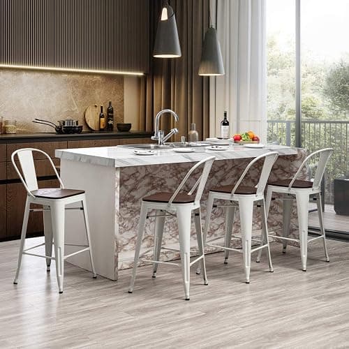 Aklaus Metal Bar Stools Set of 4,26 inch Barstools Counter Height Bar Stool with Backs Farmhouse Bar Stools with Larger seat High Back Kitchen Dining Chairs Modern Bar Chairs White Cream Stool thumbnail 8