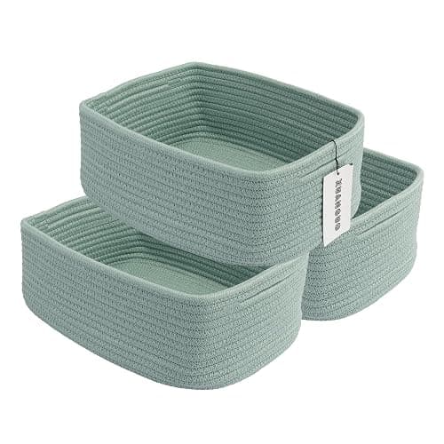 XUANGUO Small Woven Storage Baskets for Shelves, 12" x 8" x 5", Green | Decorative rope storage bins for closets and toy storage; cute organizer baskets, empty gift baskets and nursery storage. - Image 1