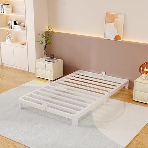 HQU 4 Inch Twin Bed Frames with Metal Baffles, White Bed Frame Twin No Box Spring Needed, Heavy Duty Steel Slats Support, Baby & Pet Friendly, Round Corner Design, Easy Assembly, Noiseless - Image 1