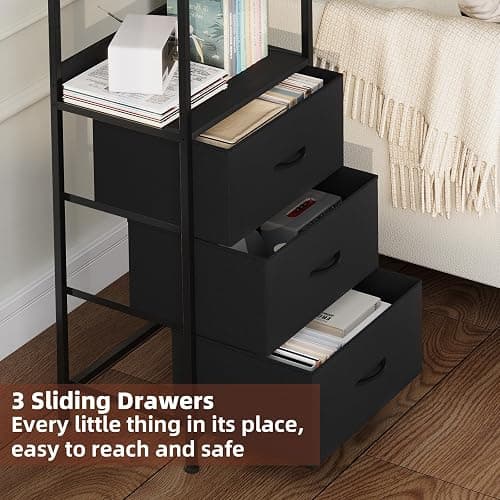 Somdot 3 Tier Bookshelf with Drawer, Tall Bookcase with Shelves, Bookshelf Desktop Organizer, Display Standing Shelf Units for Living Room, Bedroom, Study Room, Black thumbnail 4