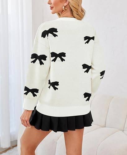 Pinclodly Bow Sweater Women Long Sleeve Crewneck Cute Sweaters Casual Vintage Sweater with Bow Winter Oversized Sweaters thumbnail 2