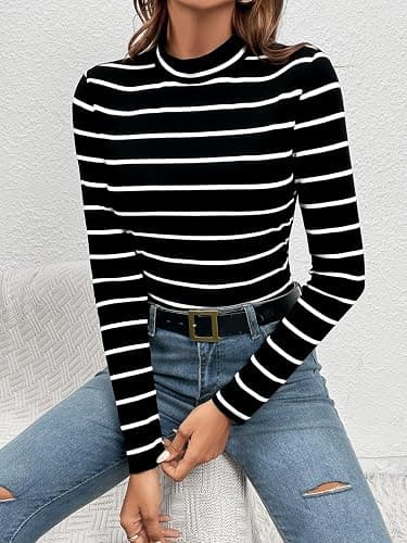Floerns Women's Mock Turtleneck Long Sleeve Slim Fit Stretch Striped T-Shirts Tunic Tops Fall Fashion Trendy Outfits Clothes thumbnail 6