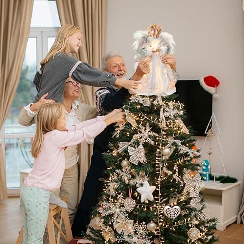 Bigking Angel Christmas Tree Topper, 12 Inches Tall, White Feather Wings and Led Lights. Christmas Tree Angel Ornament, for Home, Holiday Parties, Weddings, Christmas Celebrations. thumbnail 2