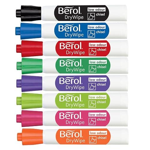 Berol Dry Wipe Whiteboard Marker Pens | Chisel Tip | Assorted Colours | 8 Count Dry Erase Markers - Image 1