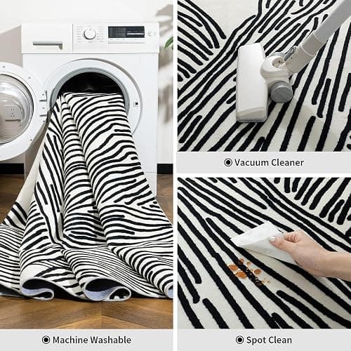 YIHOUSE 5×7Ft Area Rugs, Abstract Washable Rug, Modern Black and White Rug for Bedroom Living Room Dining Room Office Playroom Nursery, Nonslip Throw Non-Shedding Thin Contemporary Striped Rugs | Soft low-pile modern striped 5x7 rug with non-slip backing; machine washable for small living room, bedroom, nursery, office thumbnail 7