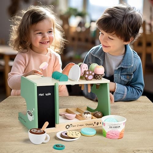 medoga Wooden Ice Cream Toy, 3-in-1 Ice Cream Counter with Coffee Maker 28 PCS Toddler Pretend Play Kitchen Accessories Wooden Toys for 3 4 5 6 Year Old Girl or Boy (Ice Cream) thumbnail 2