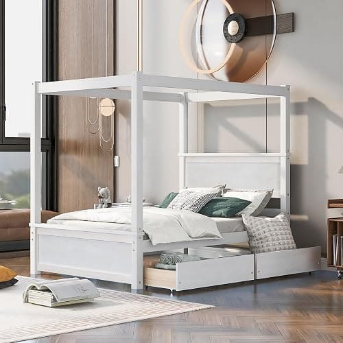 CITYLIGHT Canopy Bed Full Size with Drawers for Storage, Solid Wood Platform Bed with Headboard and 4 Poster, Brushed White - Image 1