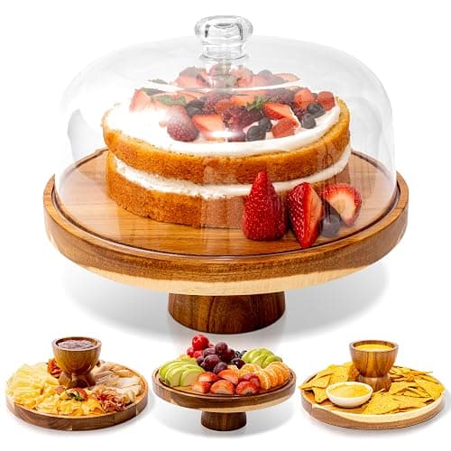 Acacia Wood Cake Stand with Dome Lid, Multifunctional 2-in-1 Round Cake Display with Shatterproof Acrylic Dome, Charcuterie & Cheese Board, Nachos & Snacks, Dessert Display - Image 1
