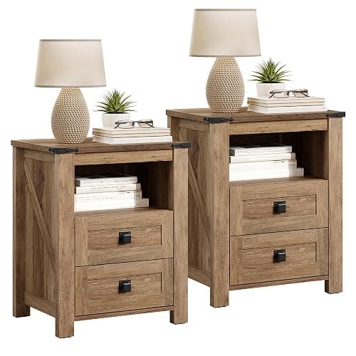 AMERLIFE 18" Farmhouse Nightstand Set of 2, Wooden Bedside Table with 2 Drawers & Open Shelf, Rustic End Table for Bedroom/Living Room, Barnwood thumbnail 9