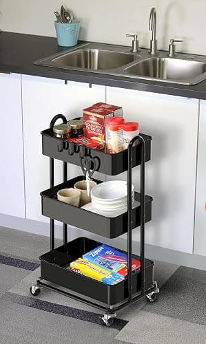Simple Houseware 3-Tier Heavy Duty Metal Utility Rolling Cart, Black thumbnail 6