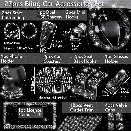NBTEPEM 27 PCs Black Bling Car Accessories Set for Women, Steering Wheel Covers Universal Fit 15 Inch, Bling License Plate Frame, Bling Phone Holder, Bling Car Coasters (Black Diamond) thumbnail 2