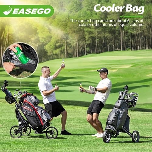 EASEGO Golf Push Cart 3 Wheel : Golf Caddy Pull Cart, One Click Folding Golf Bag Cart Lightweight Compact Golf Trolley with Cooler Bag, Umbrella, Cup & Phone Holder for Different Terrain thumbnail 6