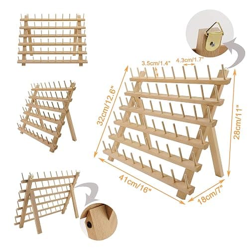 New brothread 4X60 Spools Wooden Thread Rack/Thread Holder Organizer with Hanging Hooks for Embroidery Quilting and Sewing Threads thumbnail 2