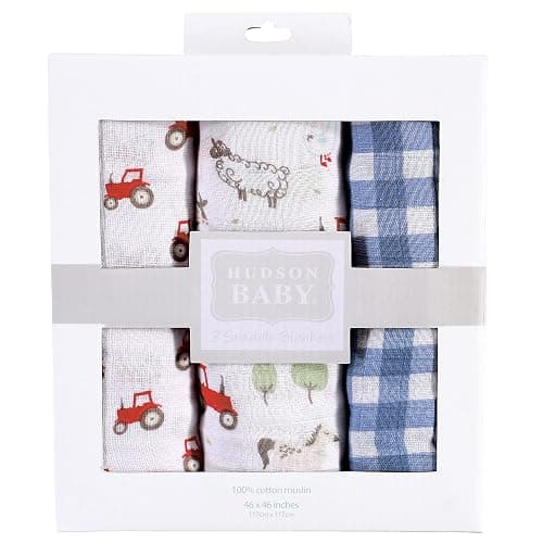 Hudson Baby Unisex Baby Cotton Muslin Swaddle Blankets, Boy Farm Animals, 3-Pack thumbnail 4