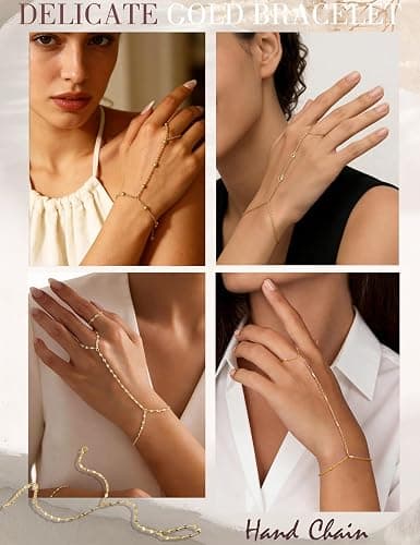 4 Pcs Gold Hand Chain Bracelets for Women, Dainty 14K Gold Plated Ring Bracelet Hand Chain, Stackable Beaded Cubic Zirconia Bracelet Stack Jewelry Gifts thumbnail 5