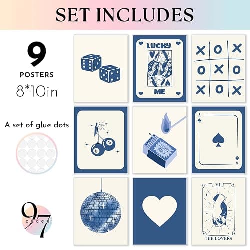 97 Decor Blue Lucky Poster - Playing Card Wall Art, Poker Room Decor, Blue Trendy Wall Art, Funky Posters Aesthetic Pictures, Retro Ace Prints Queen of Hearts Decor for Bedroom (8x10 UNFRAMED) - cocktail thumbnail 2