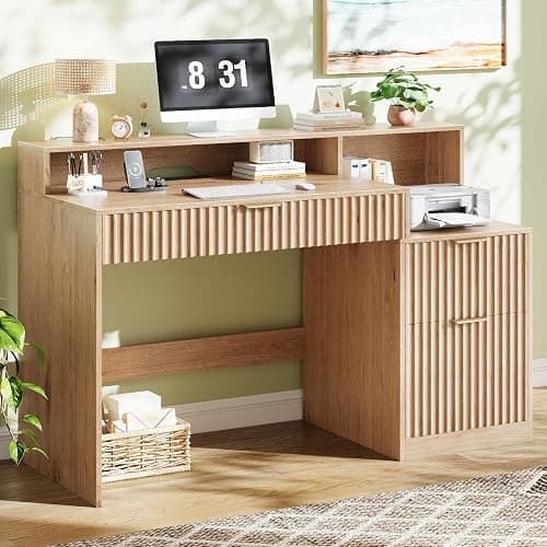 Vabches Fluted Computer Desk with Drawers, Home Office Desk with Power Outlets, Printer Stand and Storage Cabinet, Study Writing Desks with Long Monitor Stand, Oak - Image 1