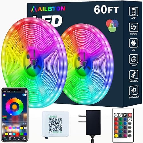 AILBTON Led Strip Lights,60ft Music Sync Color Changing, Built-in Mic,Bluetooth App Control LED Tape Lights with Remote,5050 RGB Rope Light Strips - Image 1
