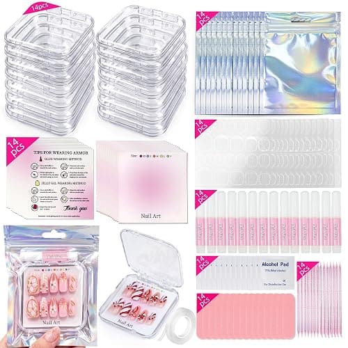 ESUOHYM 14 Sets Press On Packaging Nails Acrylic Nail Storage Display box | Disposable Nail Supplies with Clear Storage Cases, Holographic Bags, Glues, Cards, Tab, File, Stick, Prep Pads for Nail Salon - Image 1