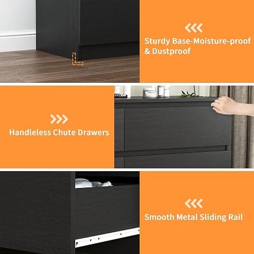Vibe & Dine Double Dresser 6 Drawer, Modern Chest of Drawers with Wide Storage for Closet, Bedroom, Living Room, Black thumbnail 6
