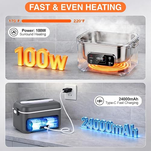 FALLCON F Heated Lunch Box, 1.2L (5.5 Cups) Cordless Electric Lunch Box with 24000mAh Battery, Portable Food Warmer for Work and Car, 5-Side Heating, Leakproof, Smart Timer & Display thumbnail 3