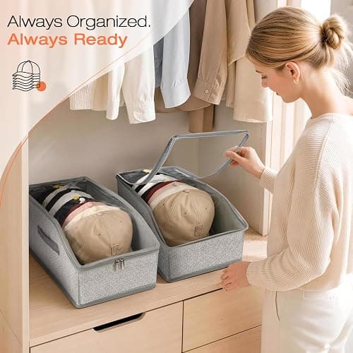 Rnhiehd Hat Organizer for Baseball Caps, Hat Storage with Large Clear Window for Closet, Hat Box with Cardboard Liner, Dust-Resistant, Stackable, Holds 12-15 Caps, Grey thumbnail 3