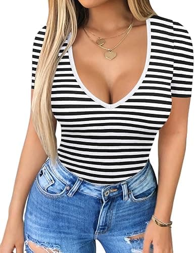 HOTOUCH Women Deep V Neck Tops Slim Fit Summer Short Sleeve T Shirts | Ribbed Knit Stretchy Material, Sexy Low Cut Basic Tee, Going Out Trendy Outfits, Fashion Clothing thumbnail 3