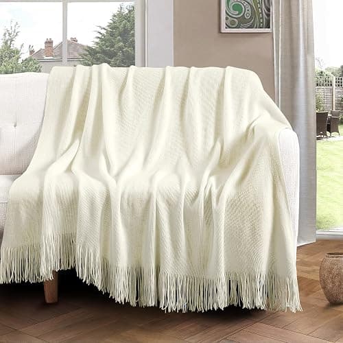 Vonty Ivory White Knitted Blanket with Tassels Fringe 50" x 60", Super Soft Knit Throw Blanket, Farmhouse Decorative Lightweight Blanket for Couch, Sofa, Bed thumbnail 4