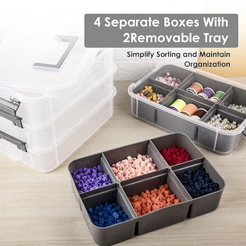 CraftGenes Craft Organizers and Storage, 4-Tier 10 Qt Box, 2 Trays, Grey | Clear Compartments; Dual Removable Inserts; Carry Handle; Side Latches; Beads, Ribbon, Stamps, Scrapbook Pieces, DIY Tools thumbnail 3