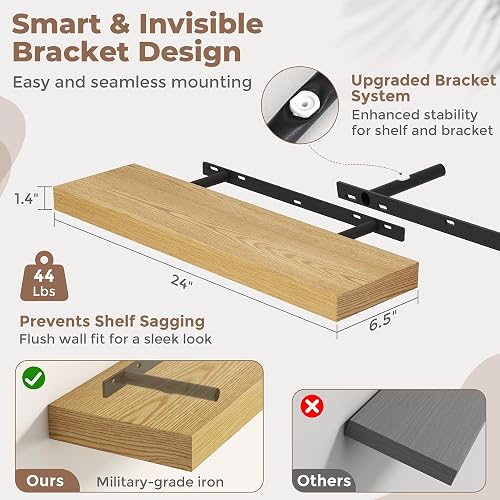 24 Inch Floating Shelves for Wall, 6.5"D Wood Storage Shelves, Oak Finish | Engineered Wood, Invisible Bracket, Large Storage, Easy Install, Hold Up to 44lbs, Living Room, Bathroom, Bedroom, Kitchen thumbnail 2