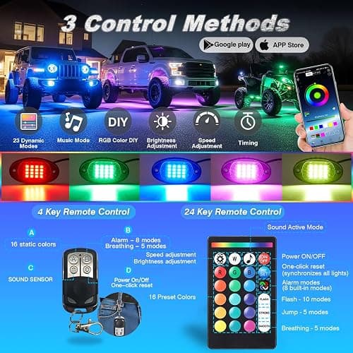 LD DARKEAGLE 8Pods Segmented RGB LED Rock Lights Kit for Jeep Trucks UTV ATV Golf Cart RZR SXS Offroad Four Wheeler with APP/RF Remote, Multi Color Underglow Light Waterproof Music Neon Underbody 12V thumbnail 2