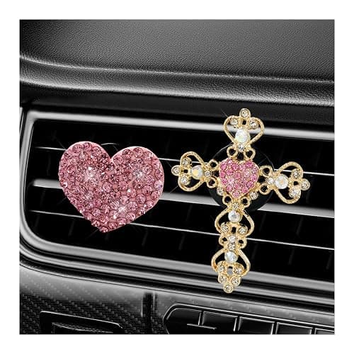 SHMZK 2 PCS Bling Car Vent Clip, Crystal Rhinestone Cross and Heart Car Air Fresheners Vent Clips, Diamond Car Air Conditioner Outlet Decoration Charm for Women, Car Accessories (Pink) - Image 1