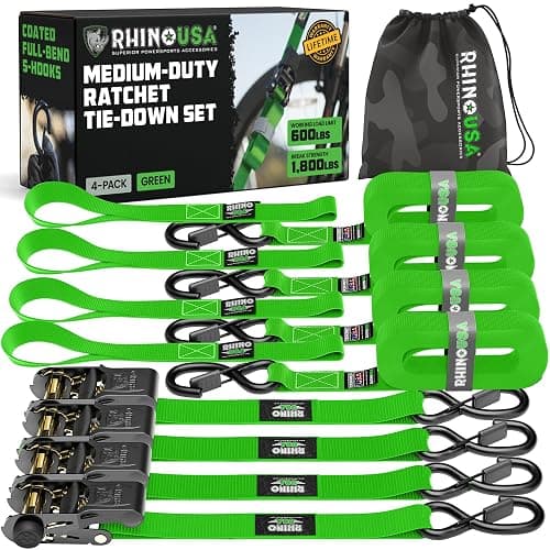 Rhino USA Ratchet Straps Tie Downs (4-Pack) - 1 Inch x 15 Feet (1,823lb Break Strength) - Ultimate Tie Down Straps with Safety S Hooks - for Trucks, Cargo, Moving, Appliances - Green - Image 1