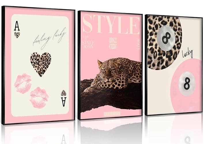 3Pcs Trendy Pink Leopard Wall Art Preppy Leopard Lucky 8 Ball Poster Printing Artwork Y2k Coquette Funky Cheetah Aesthetic Room Decoration for College Apartment, Girls Bedroom Dorm Scene Home Decor - Image 1