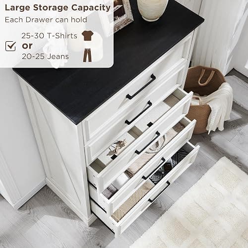 ACCOHOHO Farmhouse 5 Drawers Dresser Chests for Bedroom,46" Tall Wood Rustic Chest of Drawers with Wide Metal Handle,Natural Texture,Drawer Organizer for Bedroom,Living Room,Hallway and Entryway,White thumbnail 3