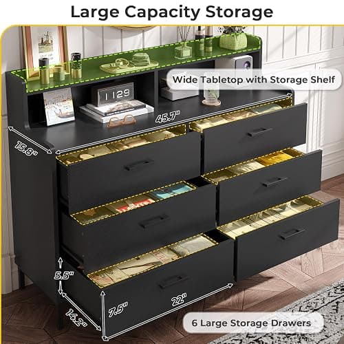 Hasuit Black Dresser for Bedroom with 6 Drawers and Storage Shelves, Wide Chest of Drawers with Sturdy Steel Legs, Large Wooden Storage Tower Dresser Organizer, Dressers for Bedroom, Clost, Entryway thumbnail 2