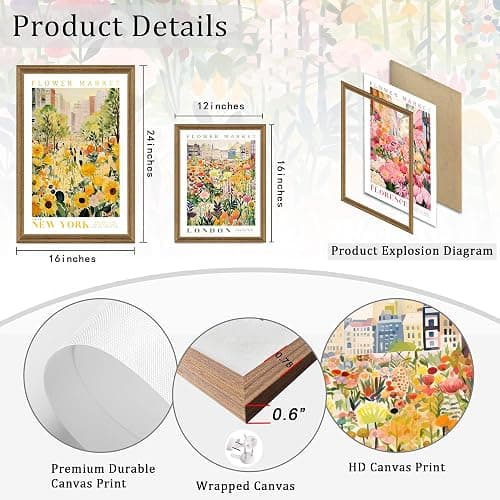 Ovczax Framed Flower Market Wall Art, Colorful Flowers Canvas Wall Decor, Travel Poster Decorative Picture Set - 3 Framed floral wall art, Suitable for Living Room Bedroom Dining Room 16" x 12" thumbnail 7