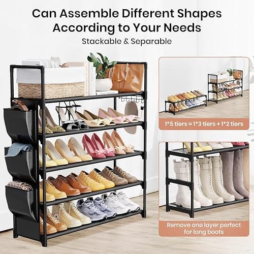 VILICK 5 Tier Shoe Rack with Hook and Side Pocket,Shoe Organizer Space Saver Storage for 20-25 Pair Shoe Storage Shelf Sturdy Free Standing Long Shoe Rack Organizer for Closet,Entryway,Small Spaces thumbnail 5